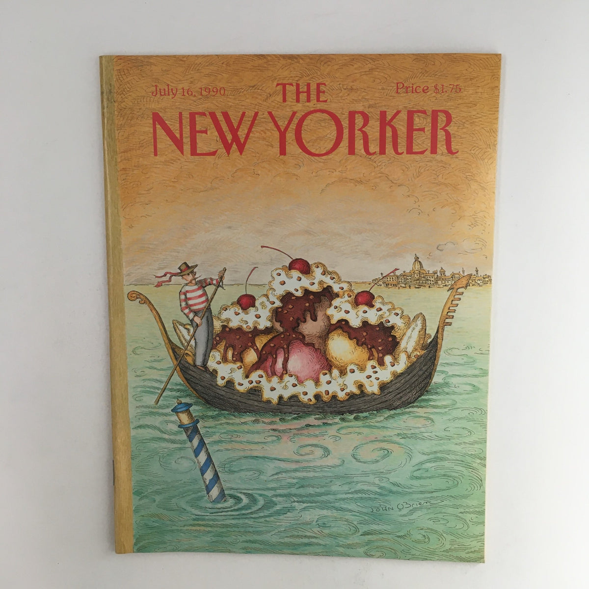 Cover of The New Yorker July 16, 1990, featuring a whimsical illustration by John O'Brien of a gondola filled with ice cream, capturing the essence of summer.