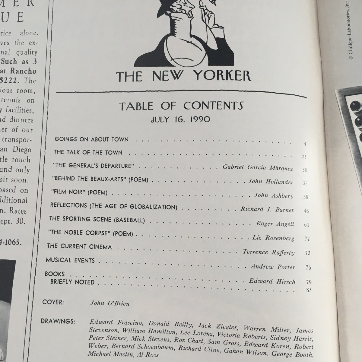 Table of Contents of The New Yorker July 16, 1990, outlining various articles and poems, showcasing contributions from notable writers including Gabriel García Márquez and Richard J. Barnet.