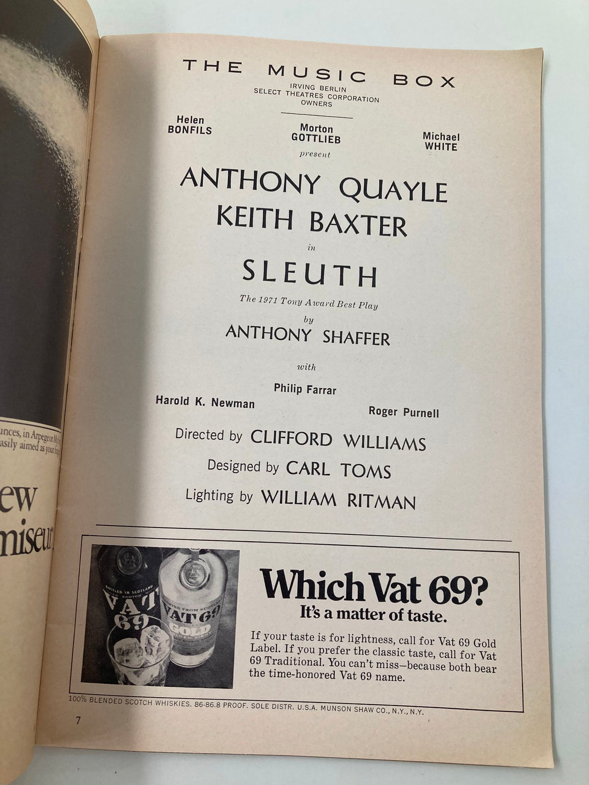 Vintage image from the 1971 Playbill for 'The Music Box Sleuth', featuring Anthony Quayle and Keith Baxter, highlighting the production details and advertisements from the era.