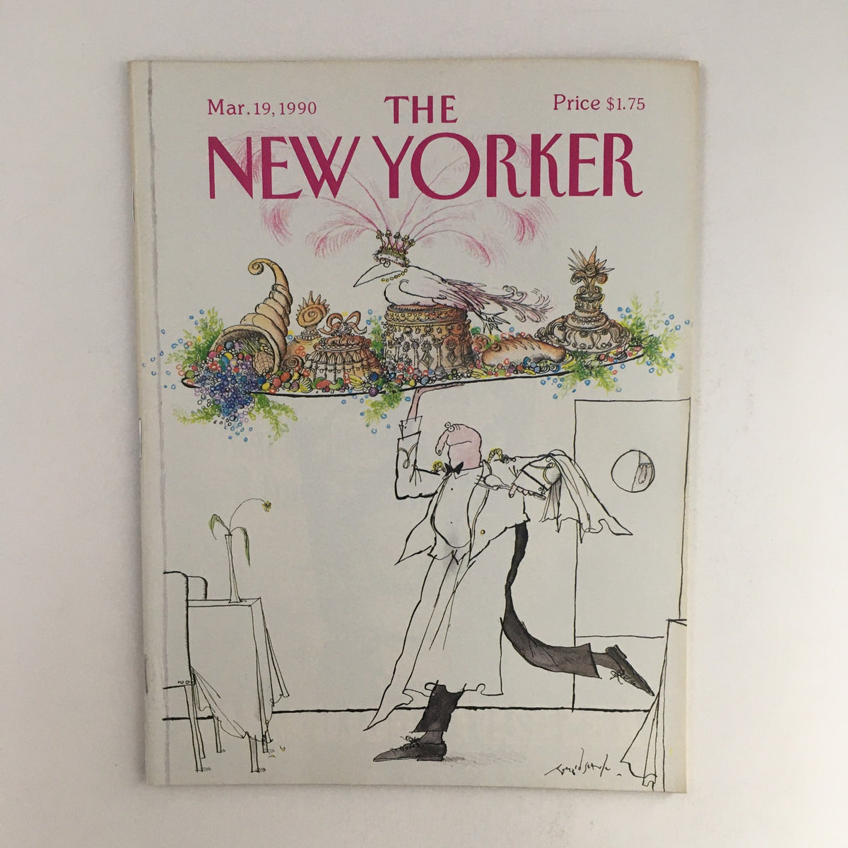 The New Yorker March 19 1990 Full Magazine Cover featuring an illustration by Ronald Searle, depicting whimsical elements with a waiter carrying a decorative platter, showcasing vintage journalism from that era.