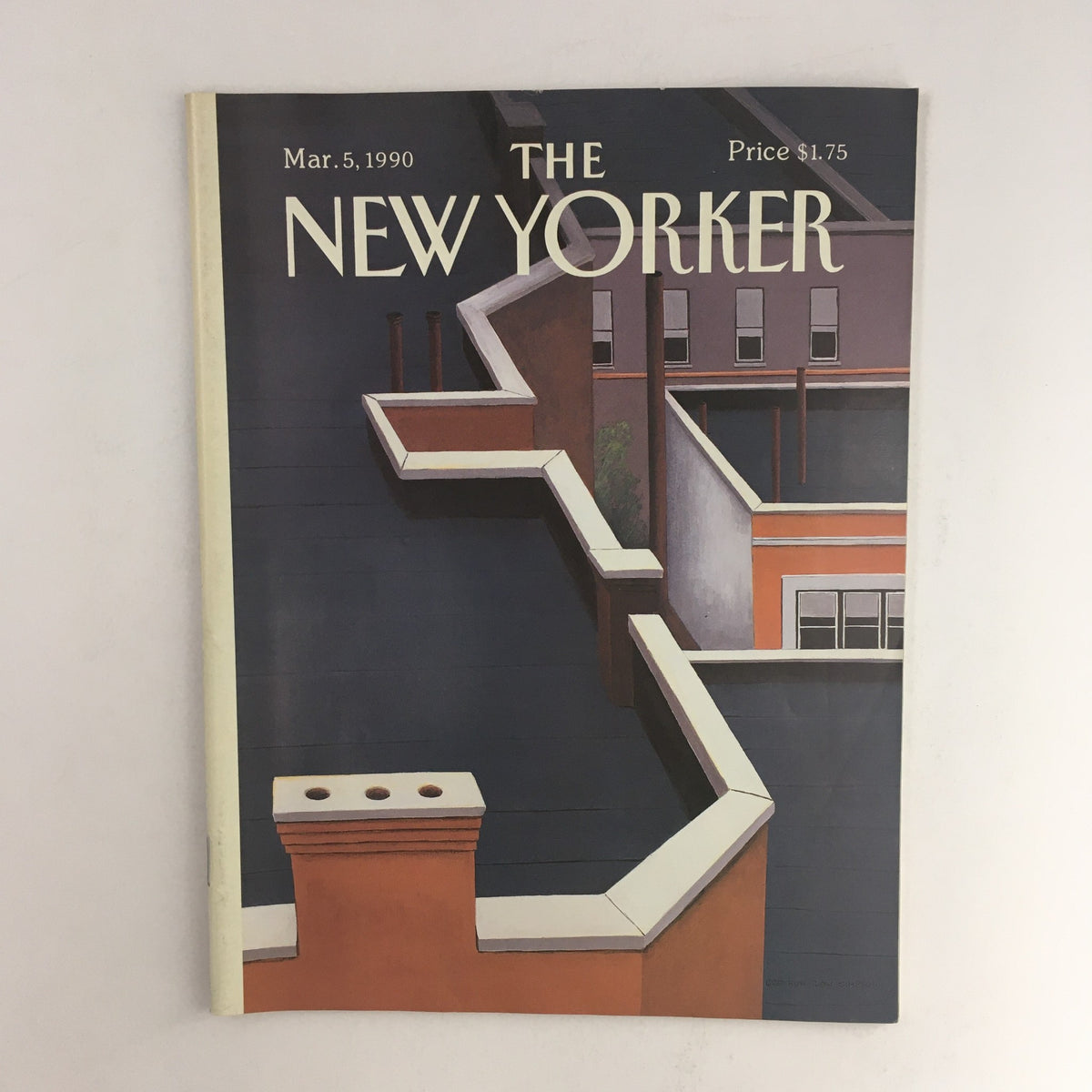Cover of The New Yorker magazine from March 5, 1990, featuring a theme cover design by Gretchen Dow Simpson. It showcases a rooftop view with vibrant colors and architectural details.