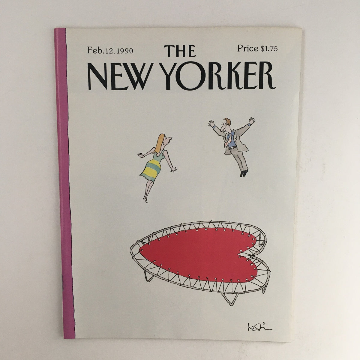 The New Yorker February 12 1990 Full Magazine Theme Cover by Arnie Levin featuring whimsical characters jumping over a heart-shaped trampoline.