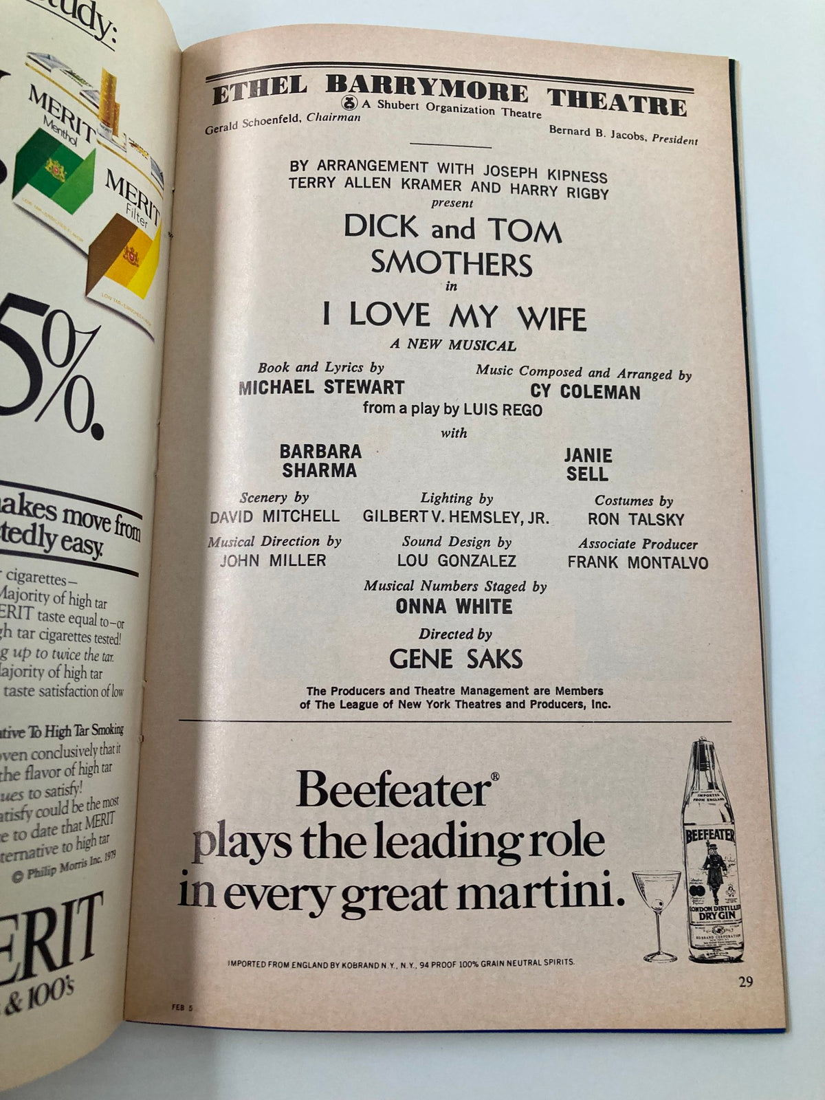 Advertisement page from the February 1979 Playbill at Ethel Barrymore Theatre highlighting the musical I Love My Wife, starring Barbara Sharma and Janie Sell.