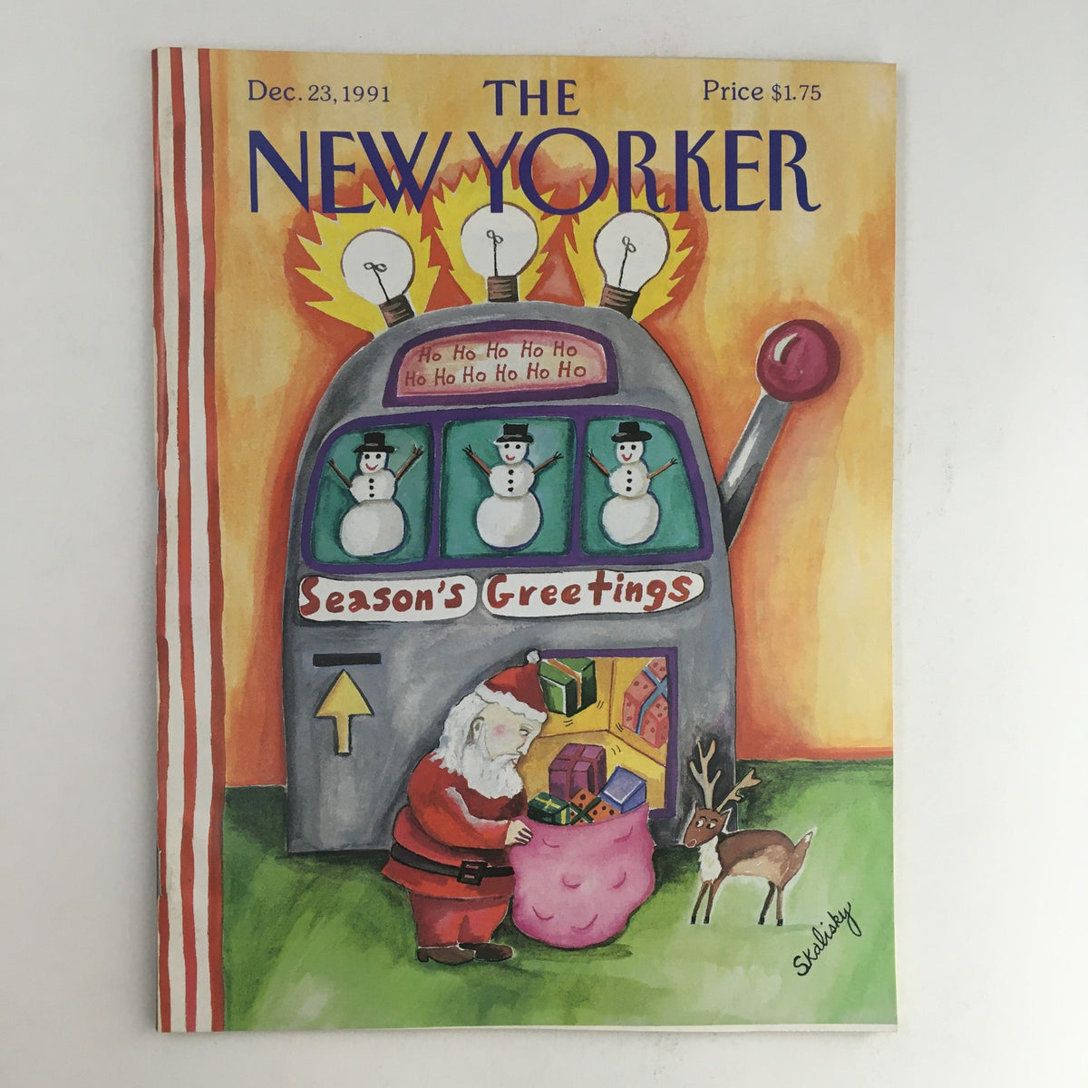 Cover of The New Yorker December 23, 1991, featuring festive artwork by Stephanie Skalisky, depicting Santa Claus, snowmen, and a colorful gift scene under the title "Season's Greetings".