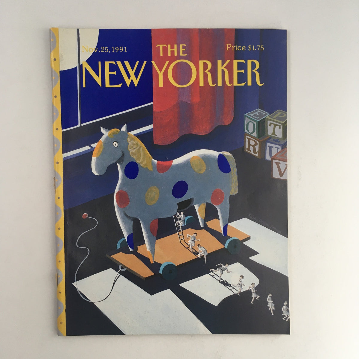 The New Yorker November 25 1991 Full Magazine cover featuring a colorful illustration of a polka-dotted wooden horse with children playing around it, representing early 1990s American culture.