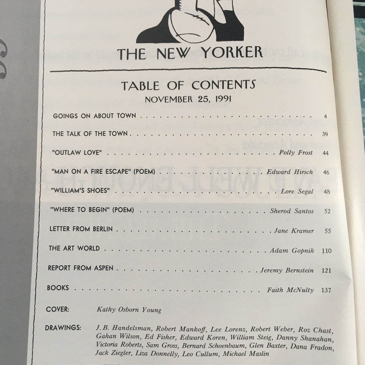 Table of Contents from The New Yorker November 25 1991 Full Magazine featuring articles and poems including 'Outlaw Love' and 'Man on a Fire Escape', designed by Kathy Osborn Young.