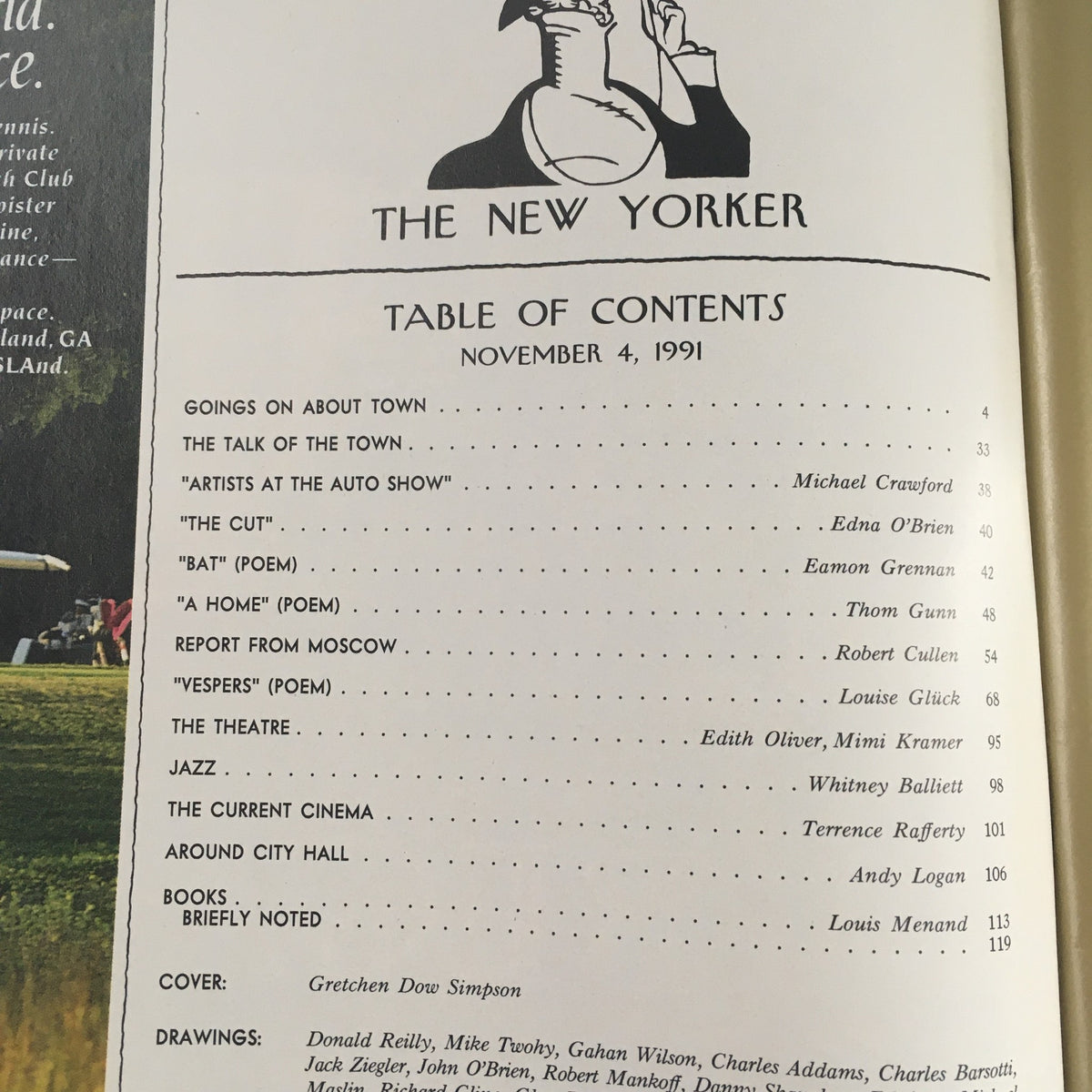 Table of Contents from The New Yorker November 4 1991 edition, featuring article titles and author names, designed by Gretchen Dow Simpson.