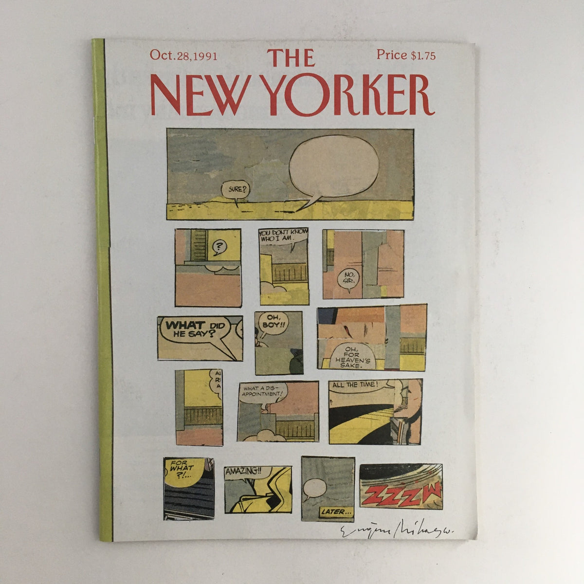 Cover of The New Yorker magazine from October 28, 1991, illustrated by Eugene Mihaesco. The cover features a comic strip design with dialogue bubbles, showcasing vibrant colors and unique artistic style, perfect for collectors of vintage magazines.