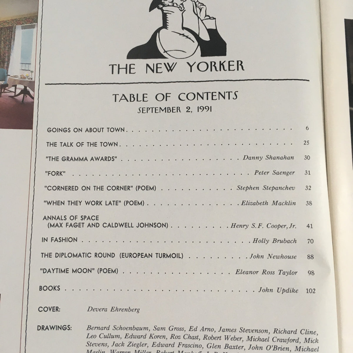 Table of contents of The New Yorker September 2 1991 Full Magazine, showcasing articles and features including 'The Gramma Awards' and 'When They Work Late' by notable authors.