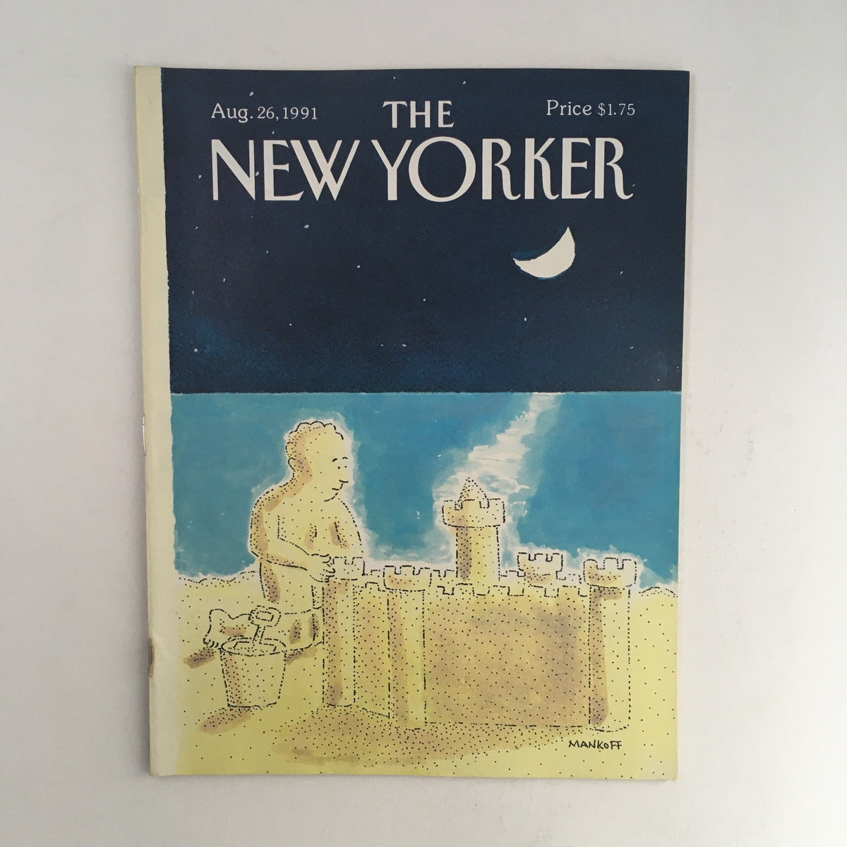 Cover of The New Yorker August 26 1991 featuring a whimsical illustration by Robert Mankoff, depicting a figure building a sandcastle under a starry sky.