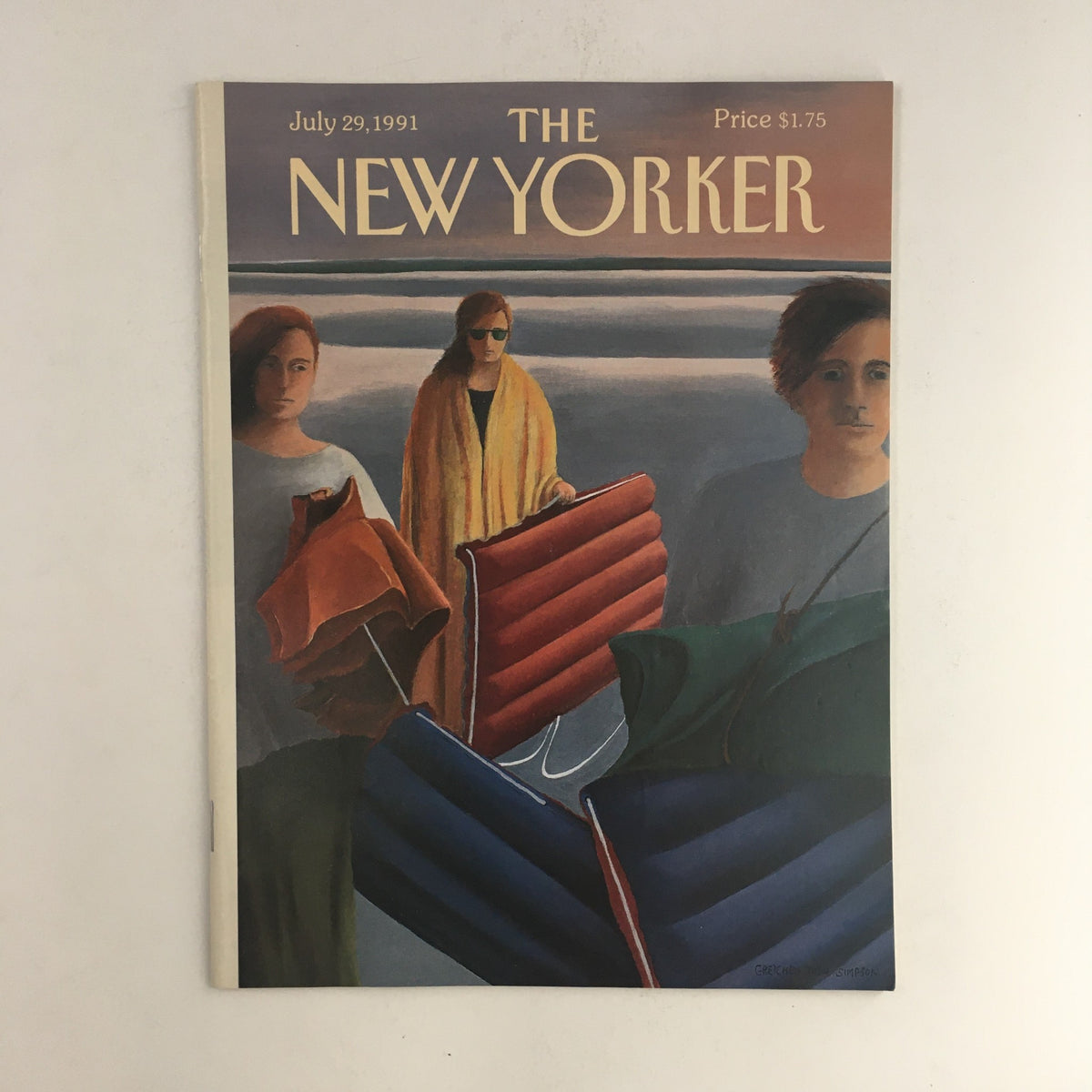 Cover of The New Yorker July 29 1991 Full Magazine featuring artwork by Gretchen Dow Simpson, depicting figures holding colorful beach chairs against a coastal backdrop.