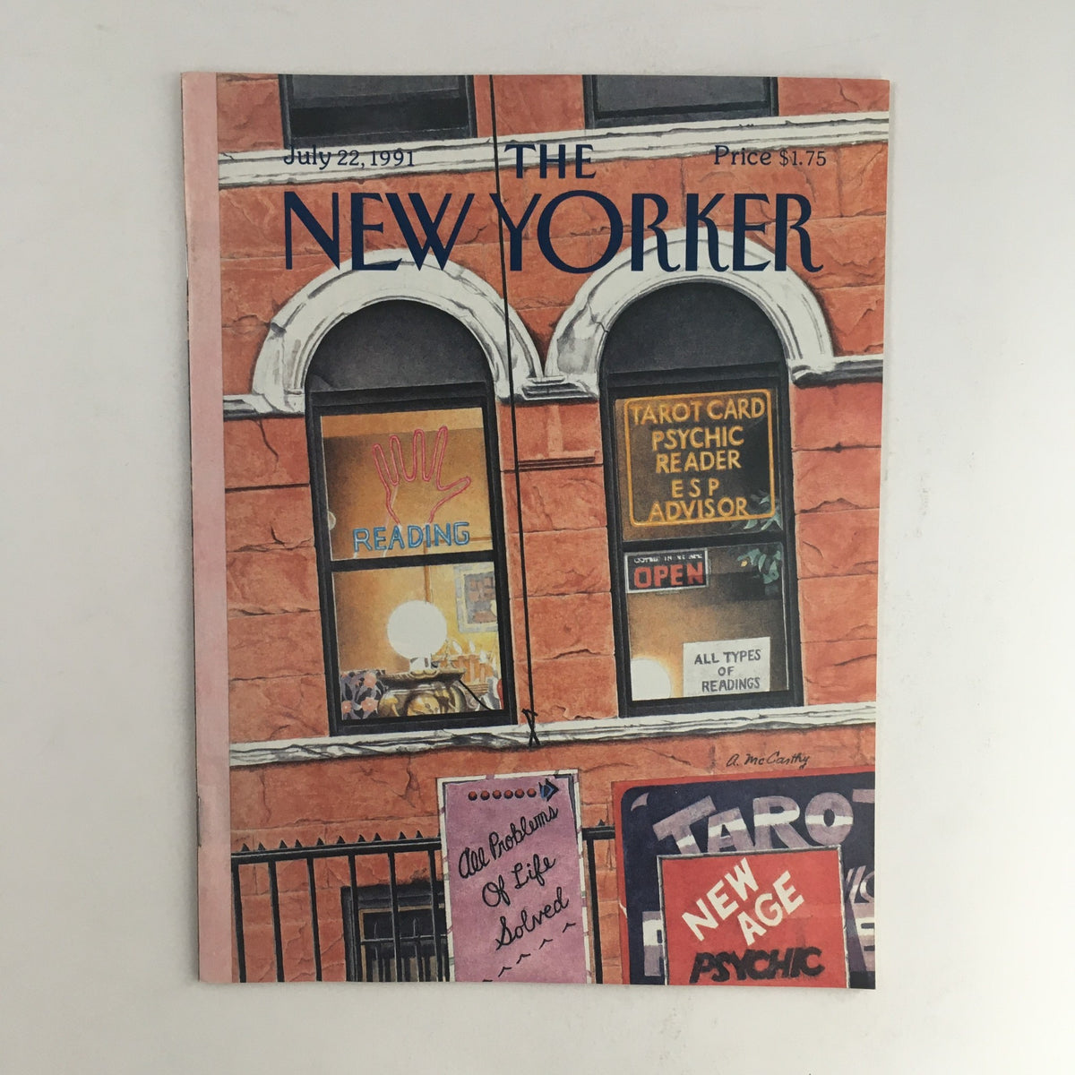 The New Yorker July 22 1991 Full Magazine Cover featuring artwork by Ann McCarthy, showcasing a vibrant street scene with signs indicating psychic readings.