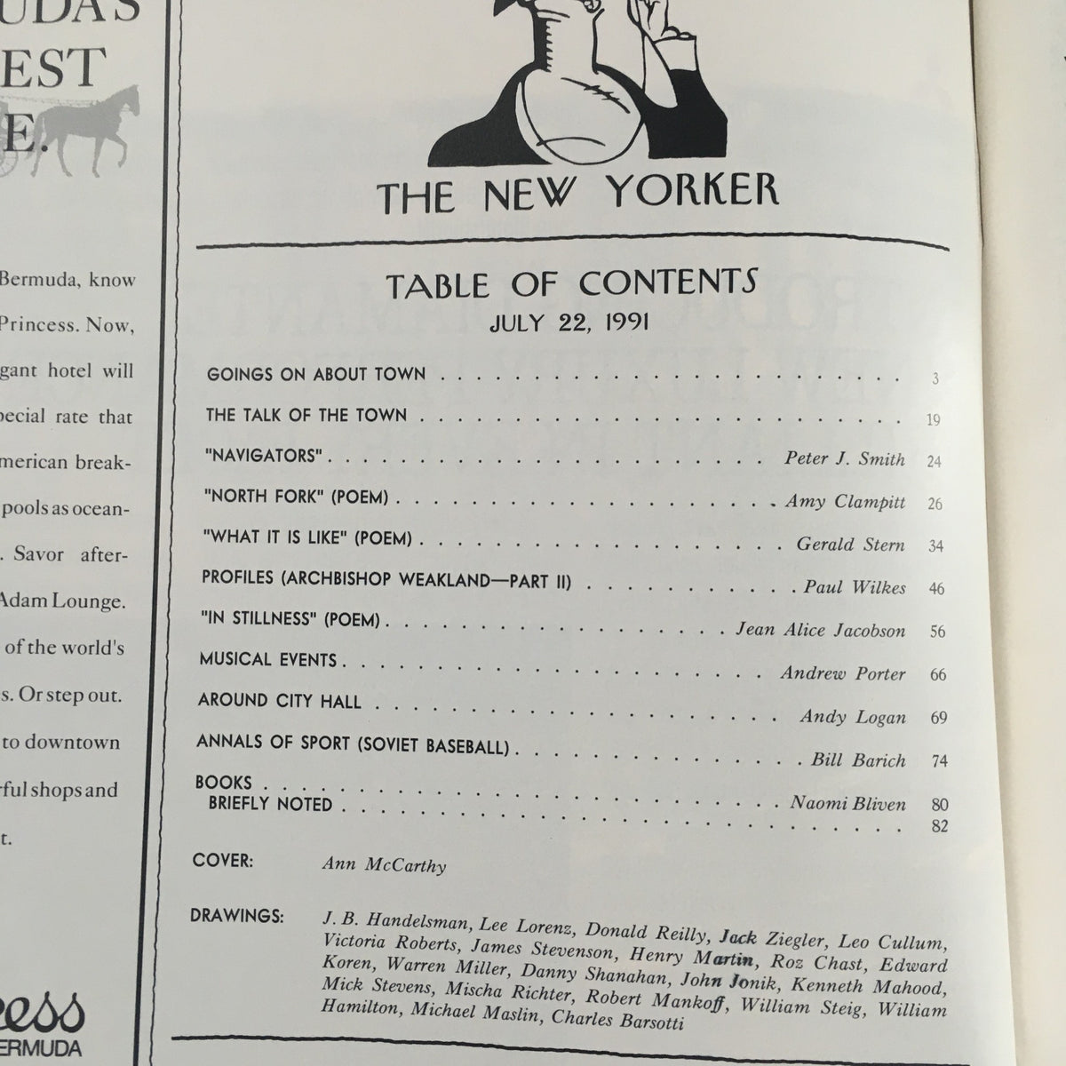 Table of contents from The New Yorker July 22 1991, detailing various articles and features, highlighted by the cover artist Ann McCarthy.