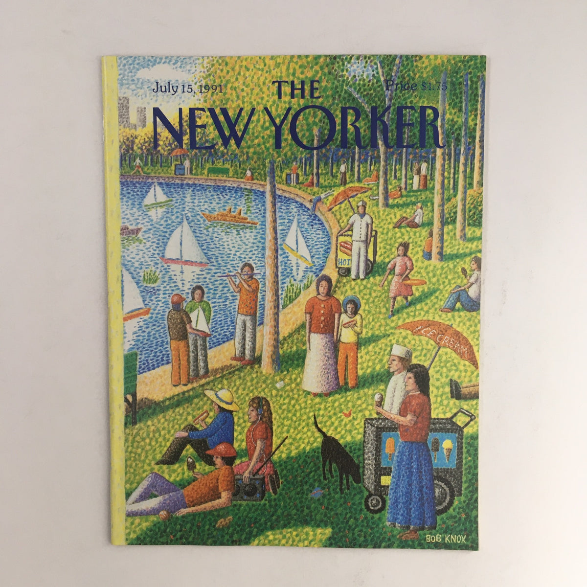 The New Yorker July 15 1991 magazine cover by Bob Knox, featuring a vibrant illustration of park scenes with people enjoying leisure activities and sailboats on the water.