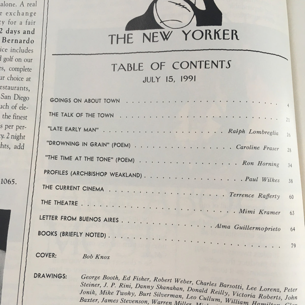 Table of contents for The New Yorker July 15 1991, listing articles, poems, and drawings, including a cover by Bob Knox.