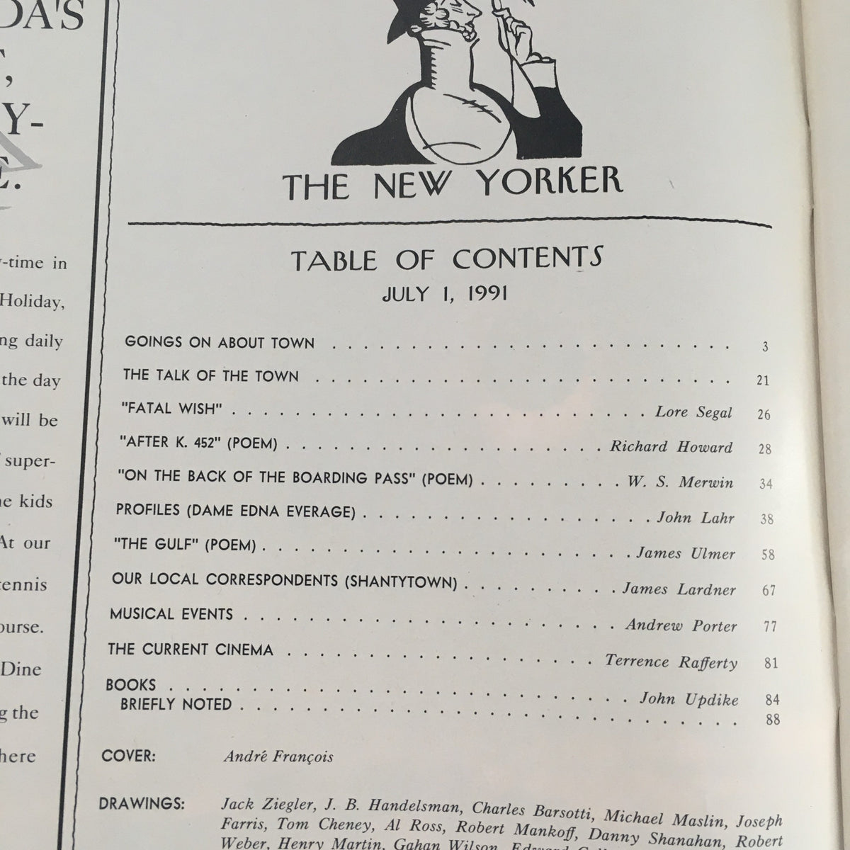 Table of contents from The New Yorker magazine dated July 1, 1991, featuring the cover artist André François, showcasing various articles and poems included in the issue.