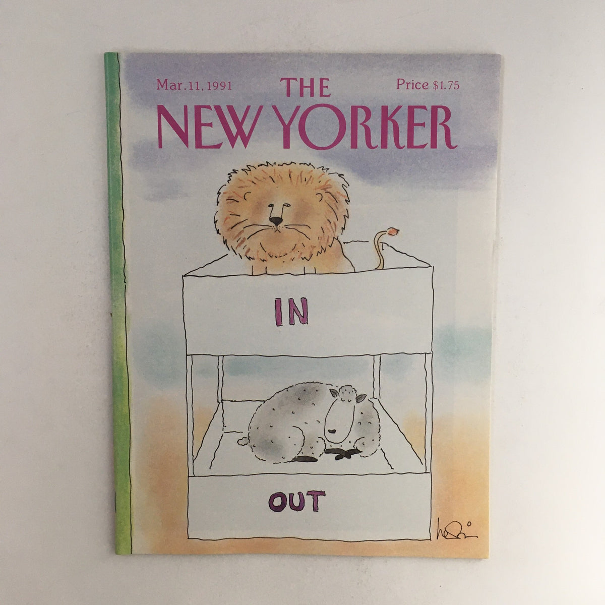 The New Yorker March 11, 1991 magazine cover by Arnie Levin featuring a whimsical illustration of a lion and a sheep, with the words 'IN' and 'OUT' displayed prominently. This unique theme cover is an appealing collectible for fans of vintage magazines.