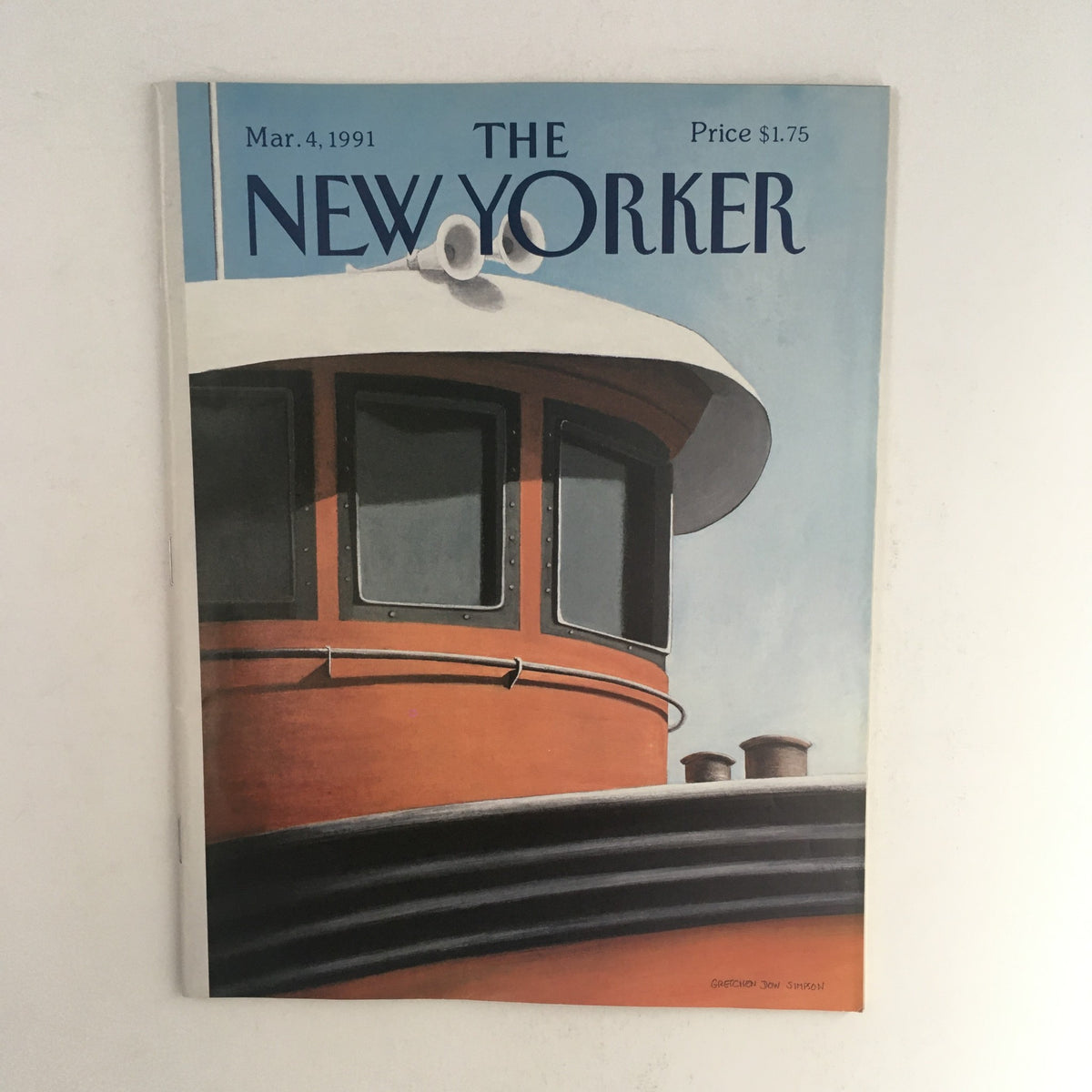 The New Yorker March 4 1991 magazine cover featuring artwork by Gretchen Dow Simpson. The cover displays a close-up of a vibrant orange and black tugboat cabin against a light blue sky, perfect for collectors of vintage magazines.