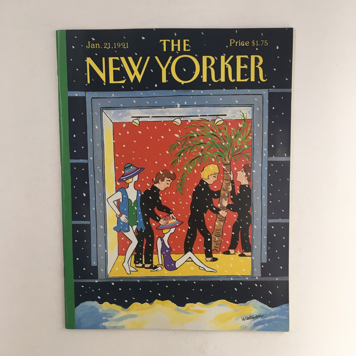 Cover of The New Yorker January 21, 1991, by Barbara Westman featuring a colorful illustration in a snowy scene, capturing characters engaged in lively interactions, showcasing the magazine's vintage artistic style.