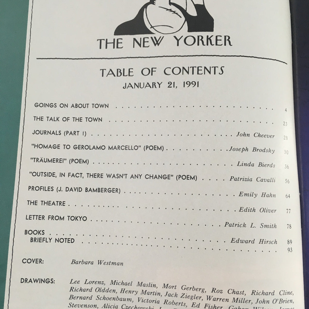 Table of Contents for The New Yorker January 21, 1991, listing articles, poems, and profiles, highlighting key contributors and the cover artist Barbara Westman, presenting the magazine's literary offerings.
