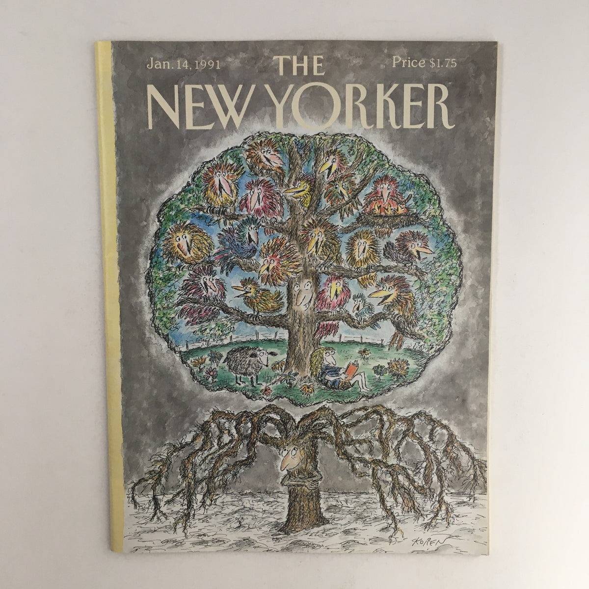 The New Yorker January 14 1991 Full Magazine Cover featuring a whimsical tree illustration by Edward Koren, showcasing various animals in vibrant colors.