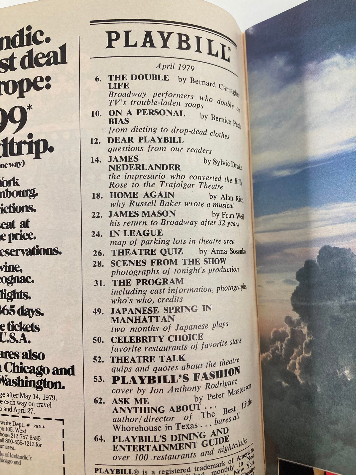 Interior page of the 1979 Playbill for Bedroom Farce, listing various theatrical productions and features from April 1979, showcasing the vibrant theatre scene of the time.