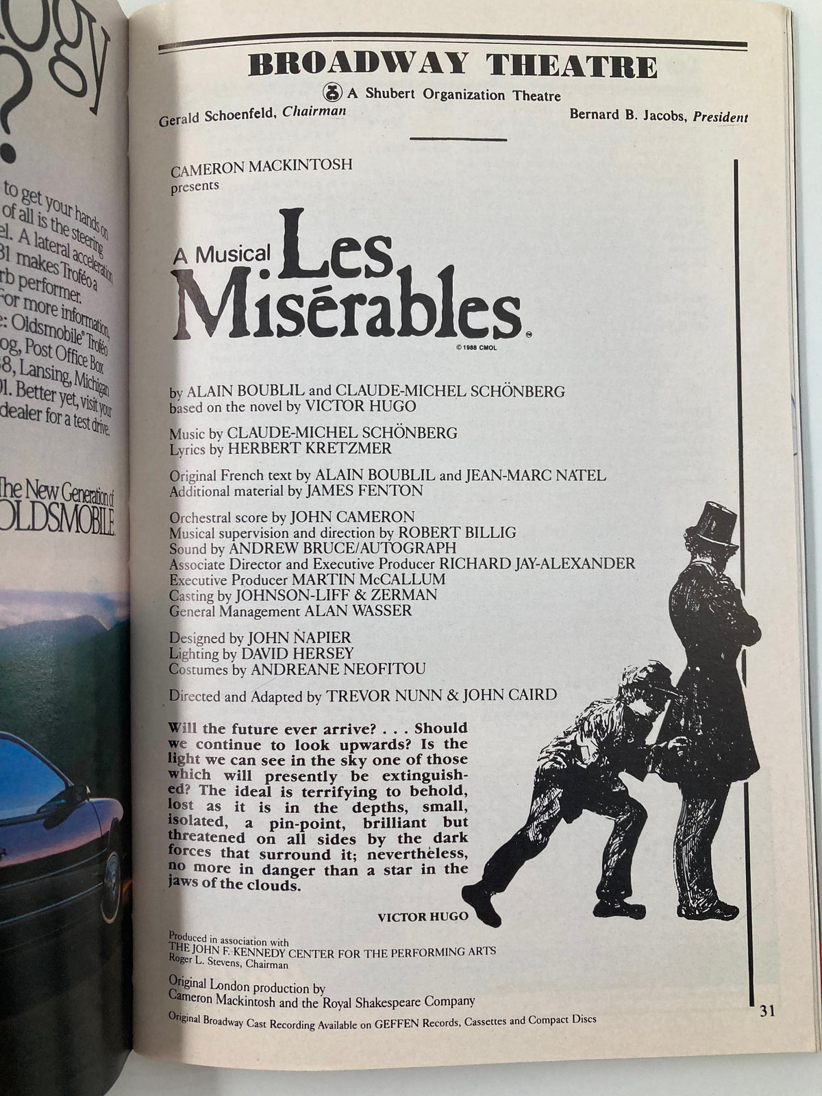 1989 Playbill showcasing the musical Les Misérables presented by Cameron Mackintosh, including production details and credits from the March 1989 issue.