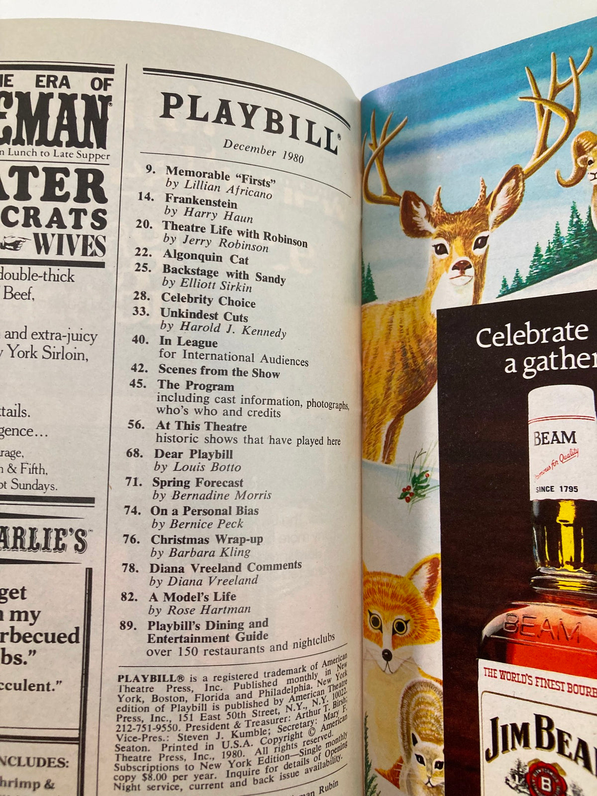 Inside page of the December 1980 Playbill showcasing articles and listings from Uris Theatre productions including The Pirates of Penzance.