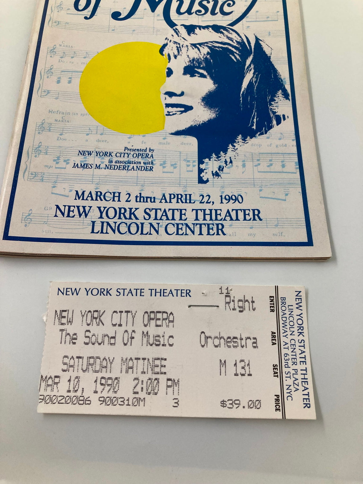 1990 New York State Theater Lincoln Center The Sound of Music ticket for Saturday Matinee on March 10, 1990.