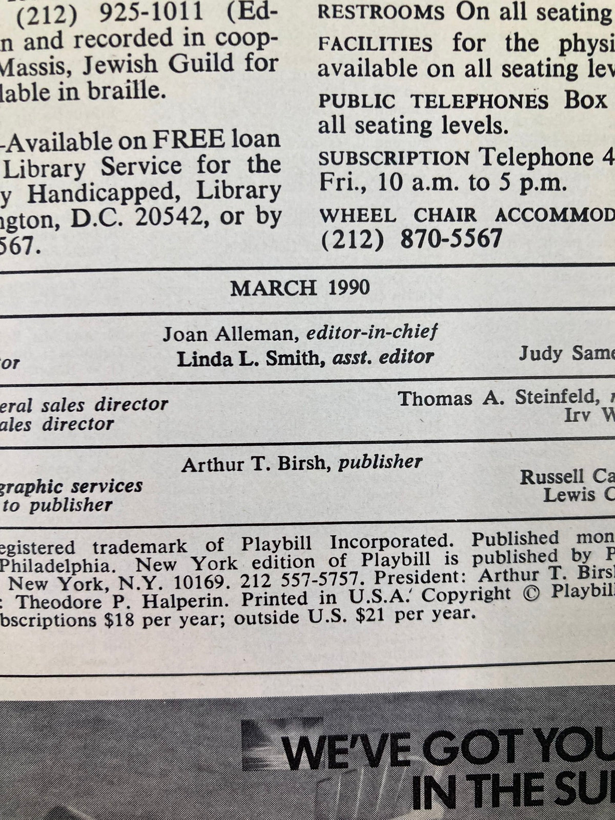 Editorial page from the March 1990 issue of Playbill featuring The Sound of Music.
