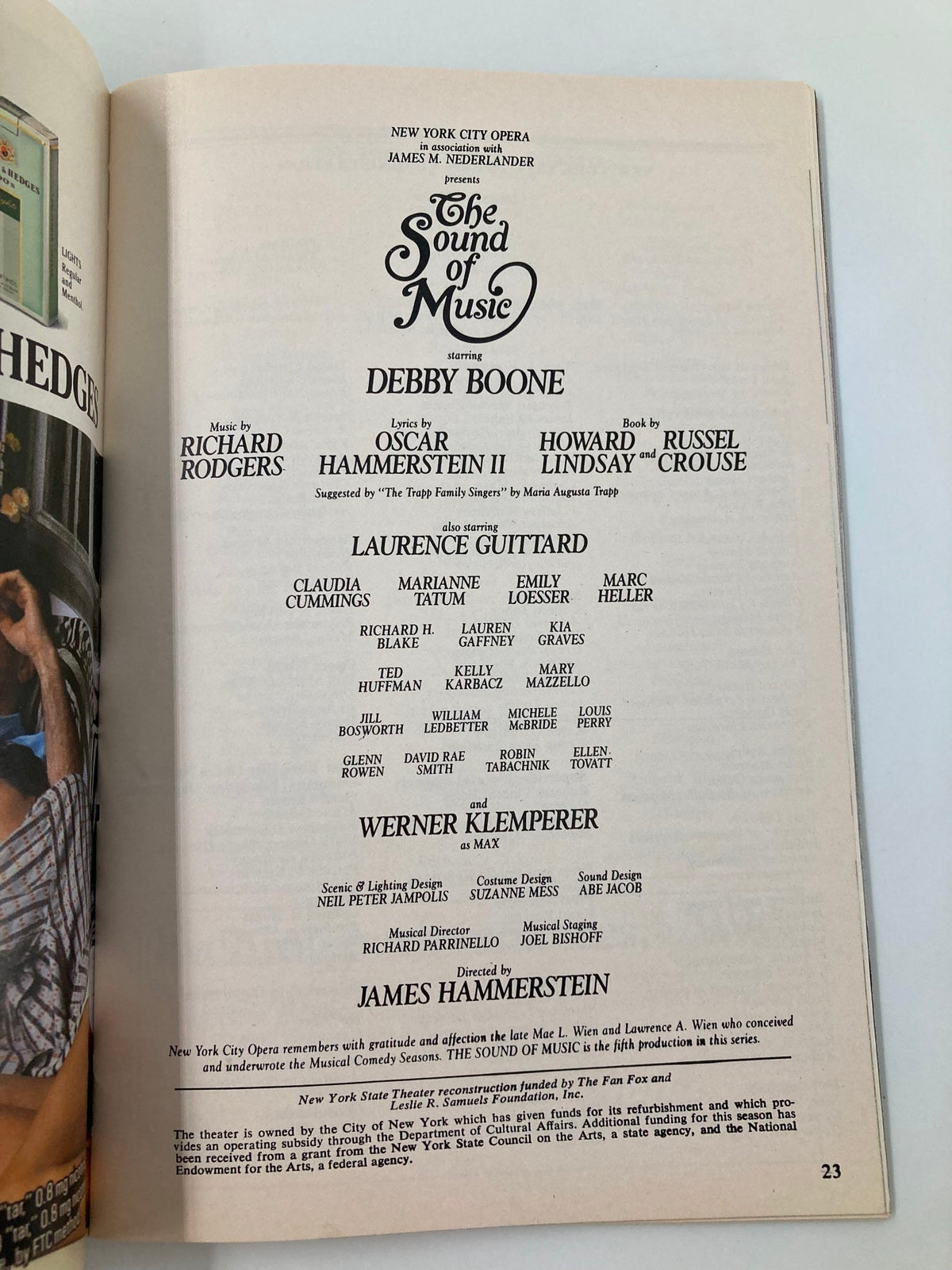 Inside page of The Sound of Music program listing Debby Boone and the cast details.