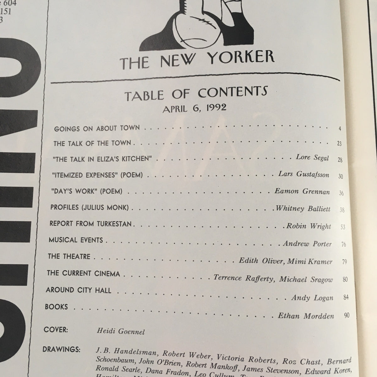 Table of contents from The New Yorker April 6, 1992, featuring articles and poems including 'The Talk of the Town' and 'Day's Work', illustrated by Heidi Goennel.