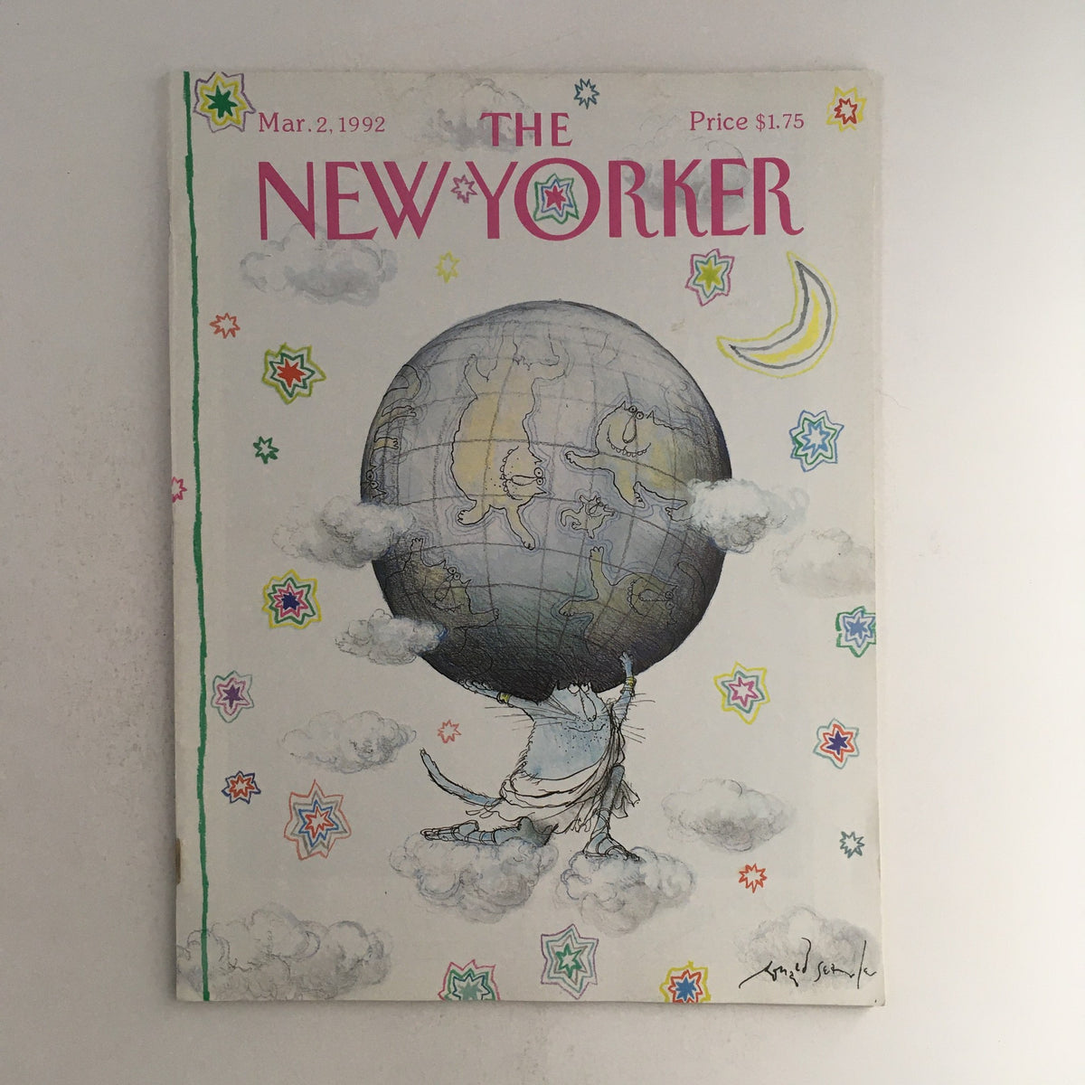 The New Yorker March 2 1992 Full Magazine Cover featuring whimsical art by Ronald Searle depicting a character holding the globe, surrounded by clouds and stars.