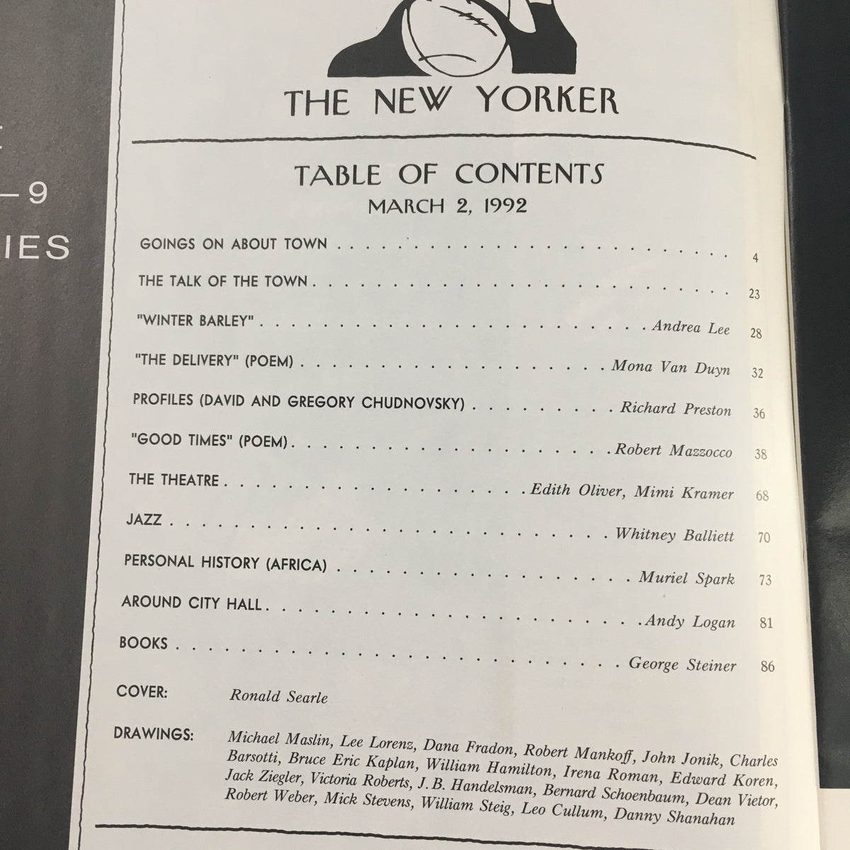 Table of Contents for The New Yorker March 2 1992, listing featured articles, poems, and illustrations including cover art by Ronald Searle.