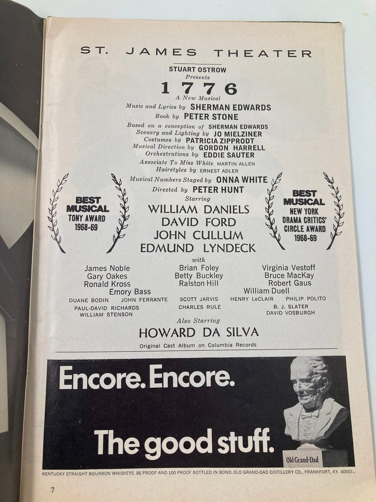 1970 Playbill St. James Theatre 1776 interior page listing the cast and creative team, including William Daniels, David Ford, and John Cullum.