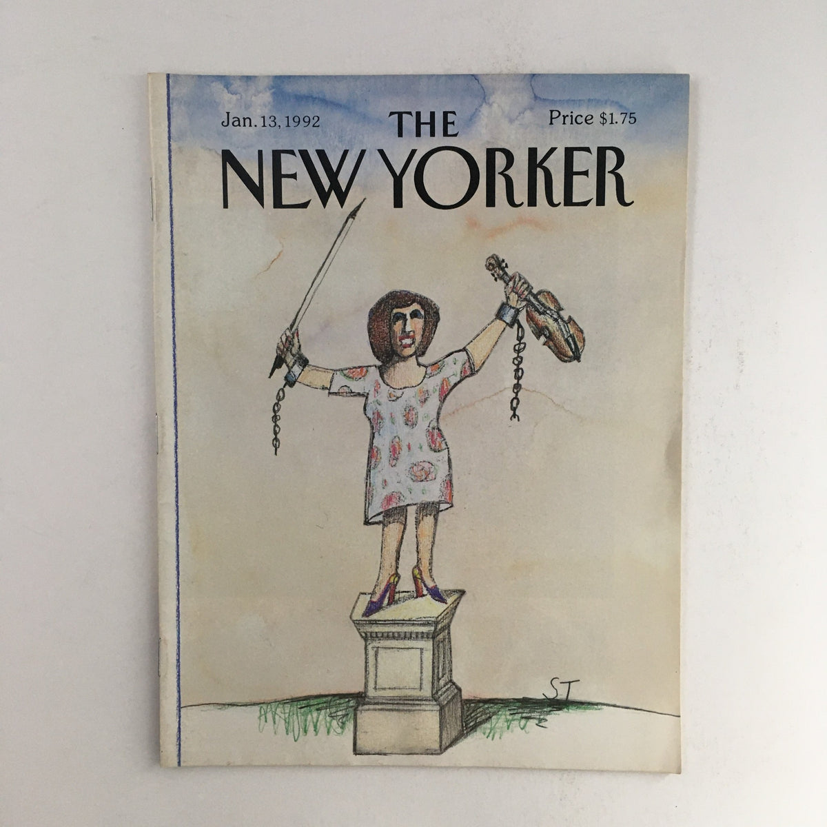 The New Yorker January 13 1992 Full Magazine Theme Cover by Saul Steinberg featuring a cartoon depiction of a woman holding a sword and a chain while standing on a pedestal, showcasing unique cover art.