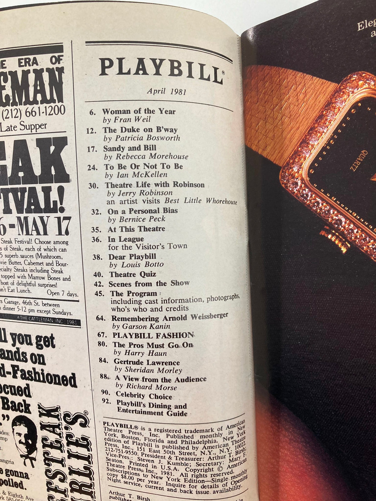 Interior page of the 1981 Playbill for 'Fools' at Eugene O'Neill Theatre, listing cast and crew, illustrating the theatrical production's details.
