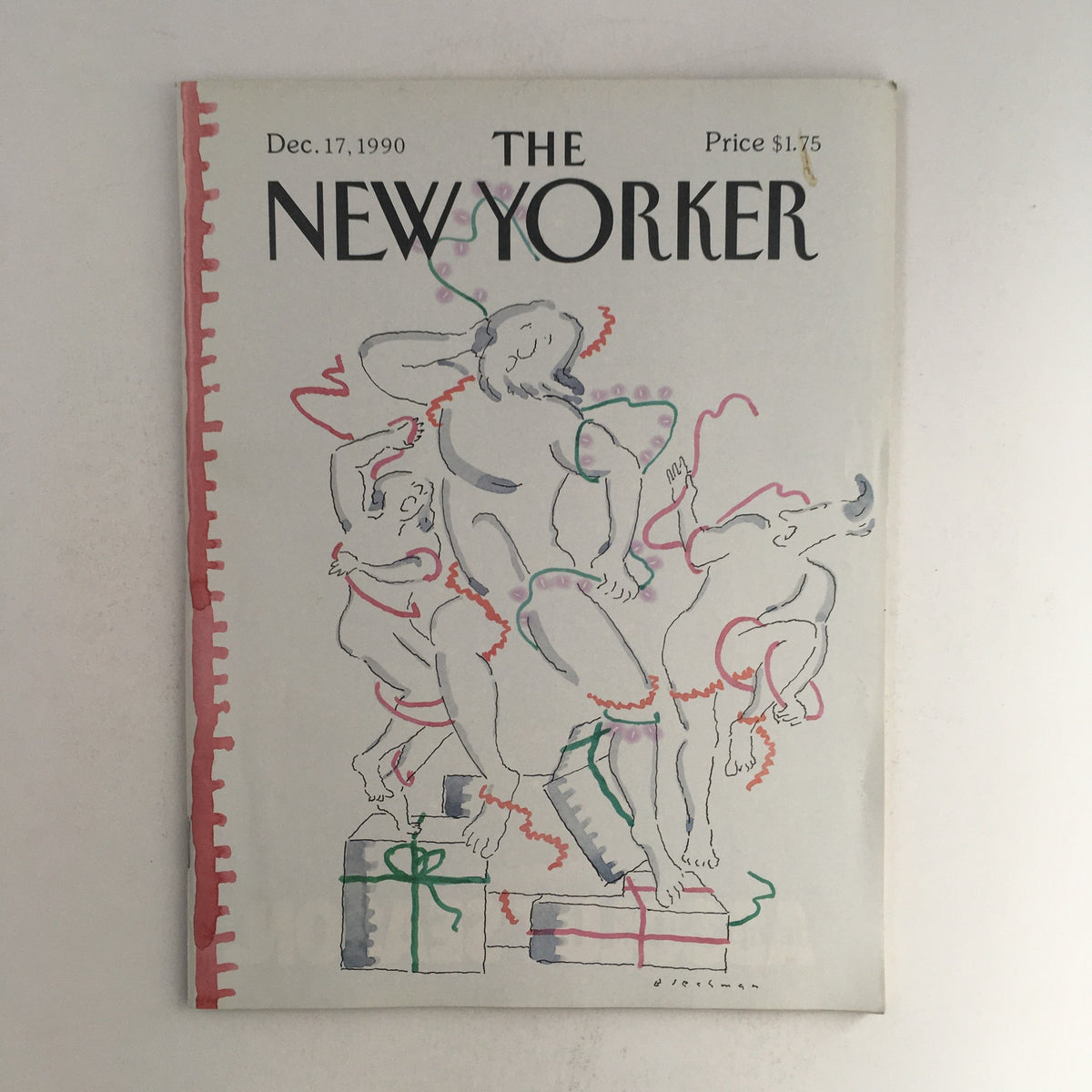 The New Yorker December 17 1990 Full Magazine Cover featuring artwork by R.O. Blechman, showcasing whimsical figures entangled in holiday decorations against a pale background.