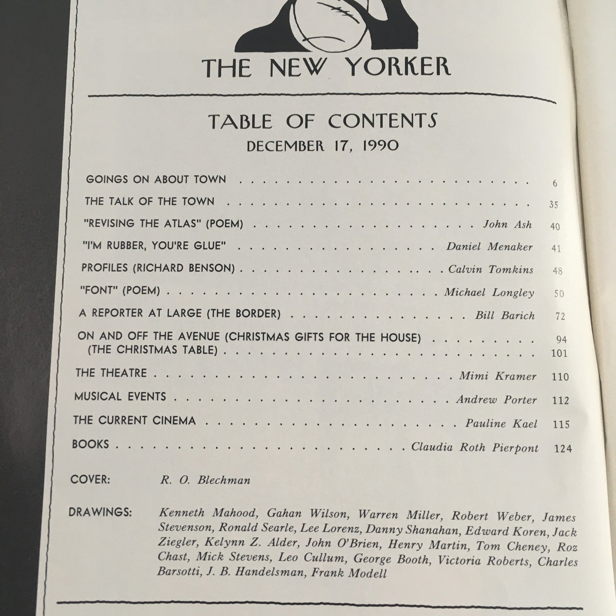 The New Yorker December 17 1990 Table of Contents page highlighting various articles and the cover artist, R.O. Blechman, indicating the diverse content of the issue.