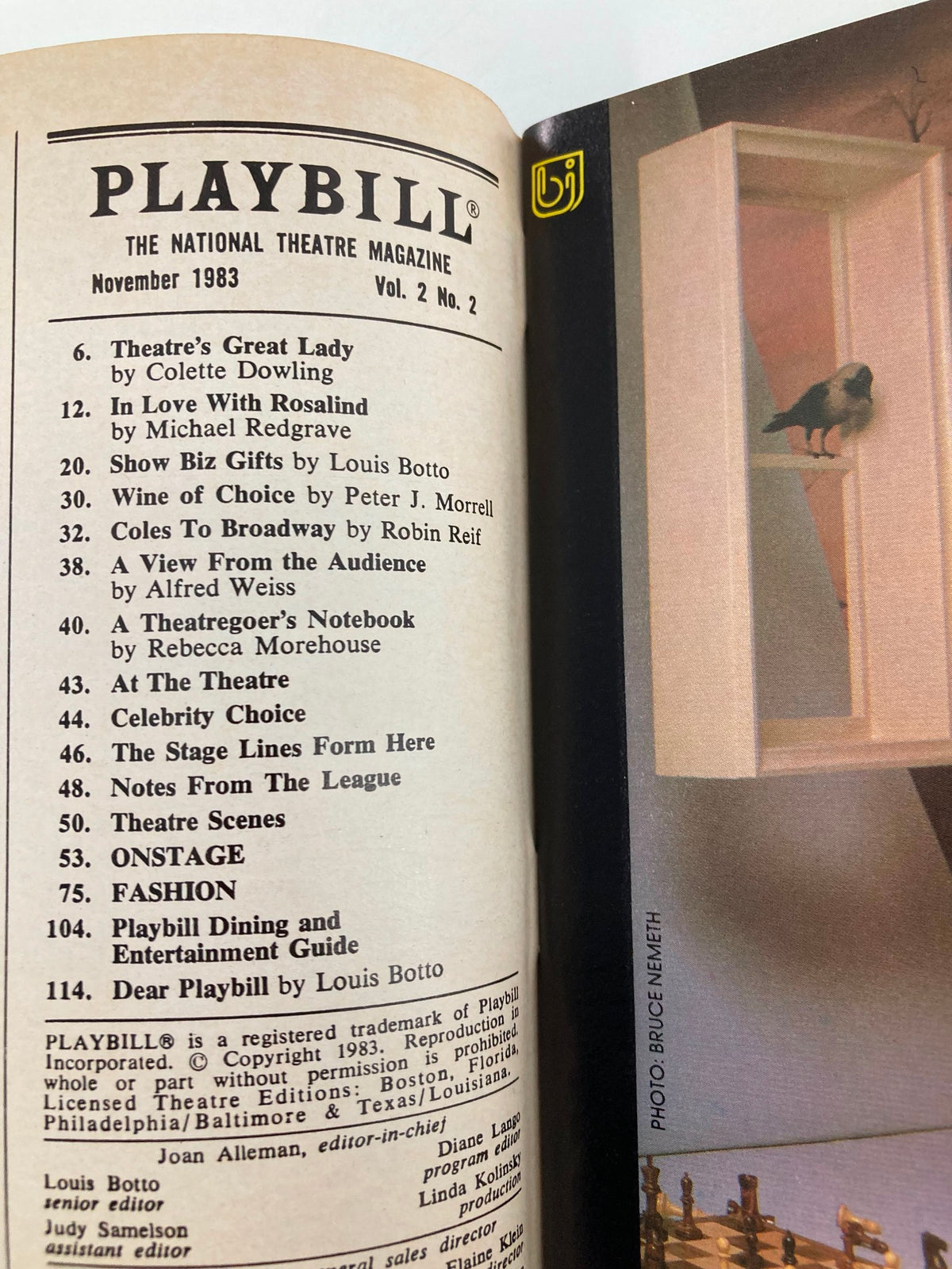 Inside page of the 1983 Playbill for The Tap Dance Kid, listing theater articles and features from the November 1983 issue of Playbill magazine.