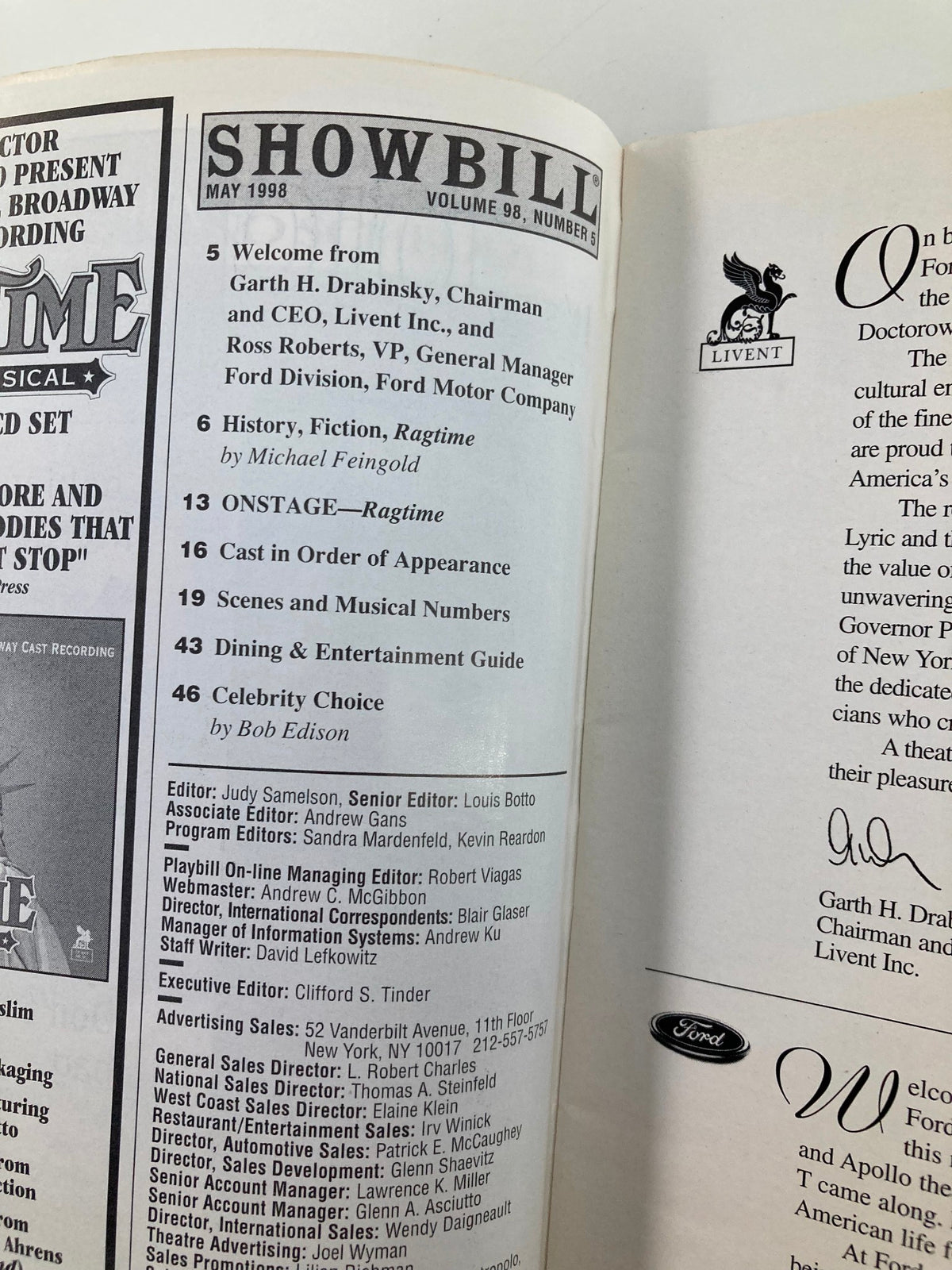 Inside page of the 1998 Showbill for Ragtime, listing the production's welcome message, history, cast, and musical numbers, highlighting its significance in theatrical history.