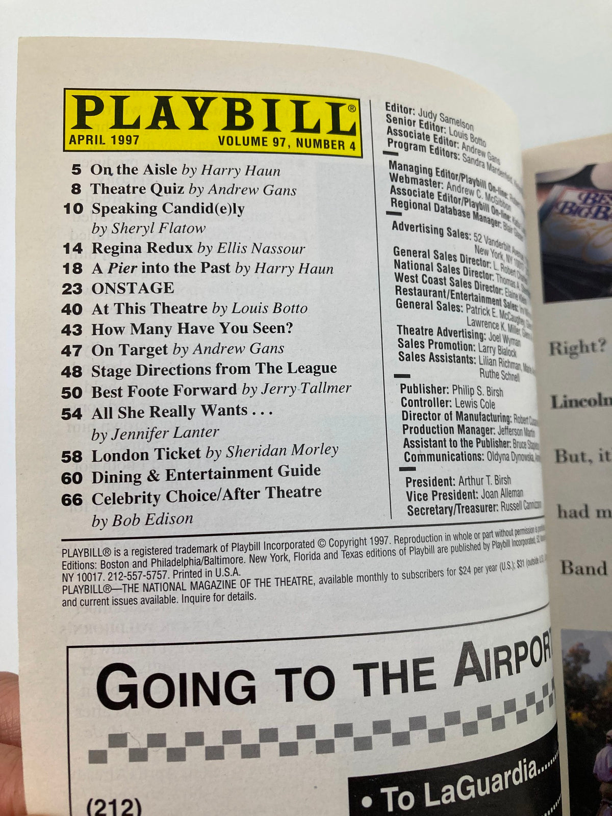 Inside page of the 1997 Jekyll & Hyde Playbill showing the table of contents and articles.