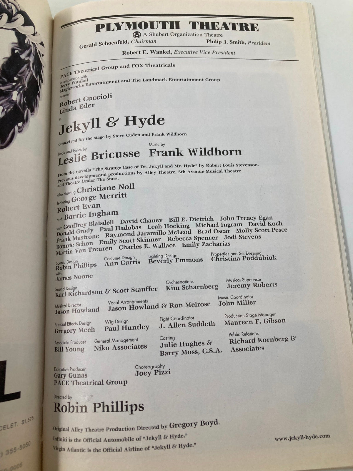 Cast list page from the 1997 Playbill of Jekyll & Hyde at Plymouth Theatre detailing key production team and performers.