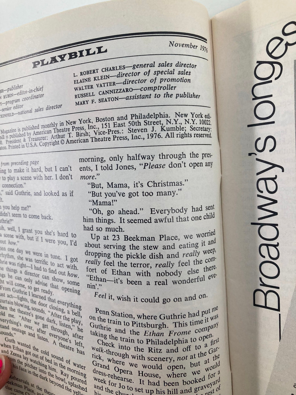 Interior page of the 1976 Playbill for Same Time, Next Year, showing cast and production details.