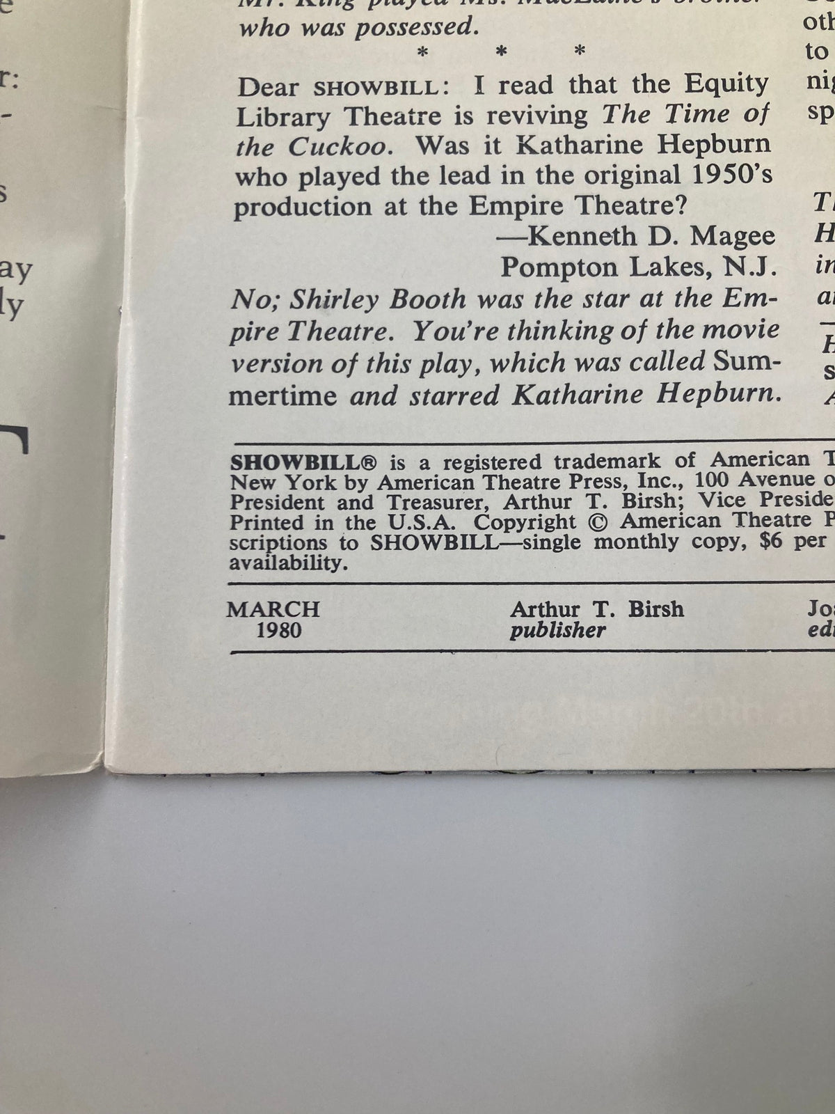 Back cover of the 1980 Showbill for 'I'm Getting My Act Together and Taking It On The Road' containing text regarding The Equity Library Theatre's production.