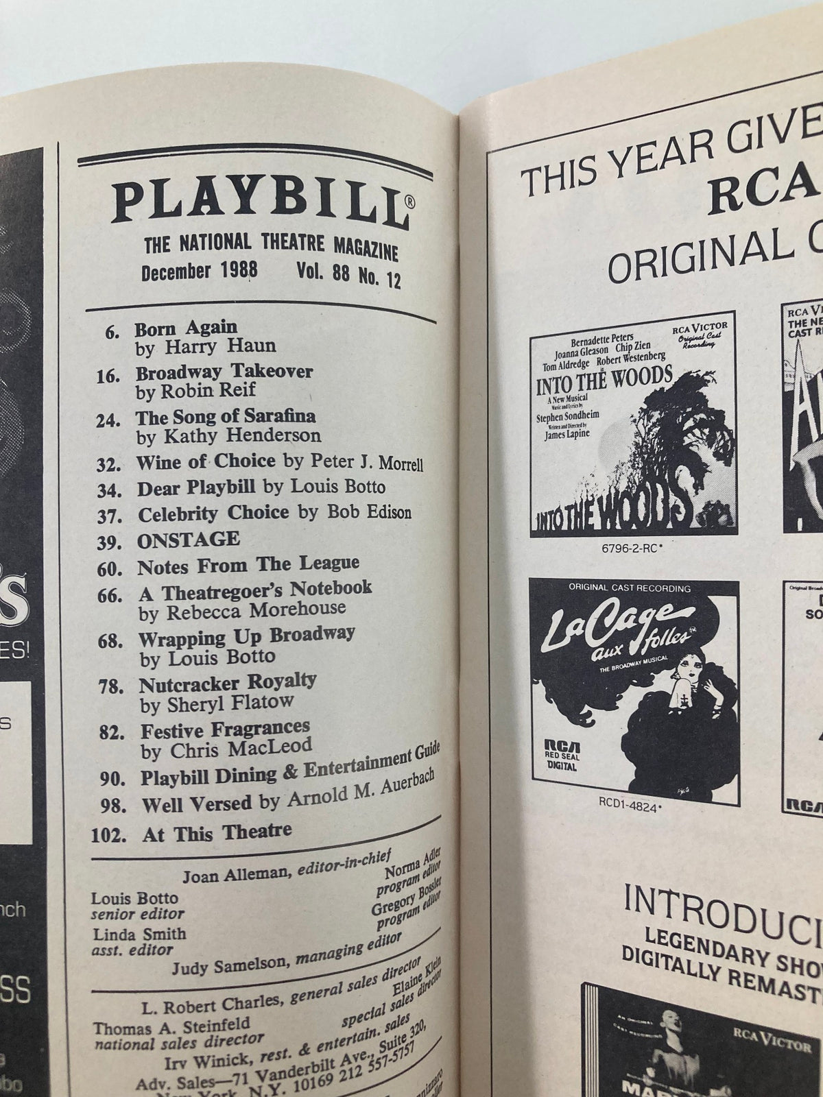 Inside page of the 1988 Playbill for M. Butterfly showcasing the table of contents and advertisements.