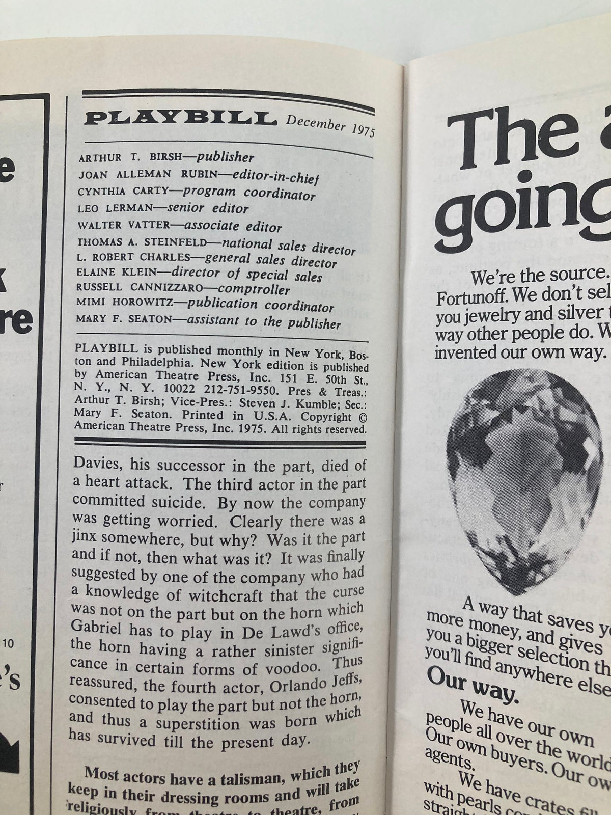 Inside page of the December 1975 Playbill listing contributors and editorial staff for Habeas Corpus.