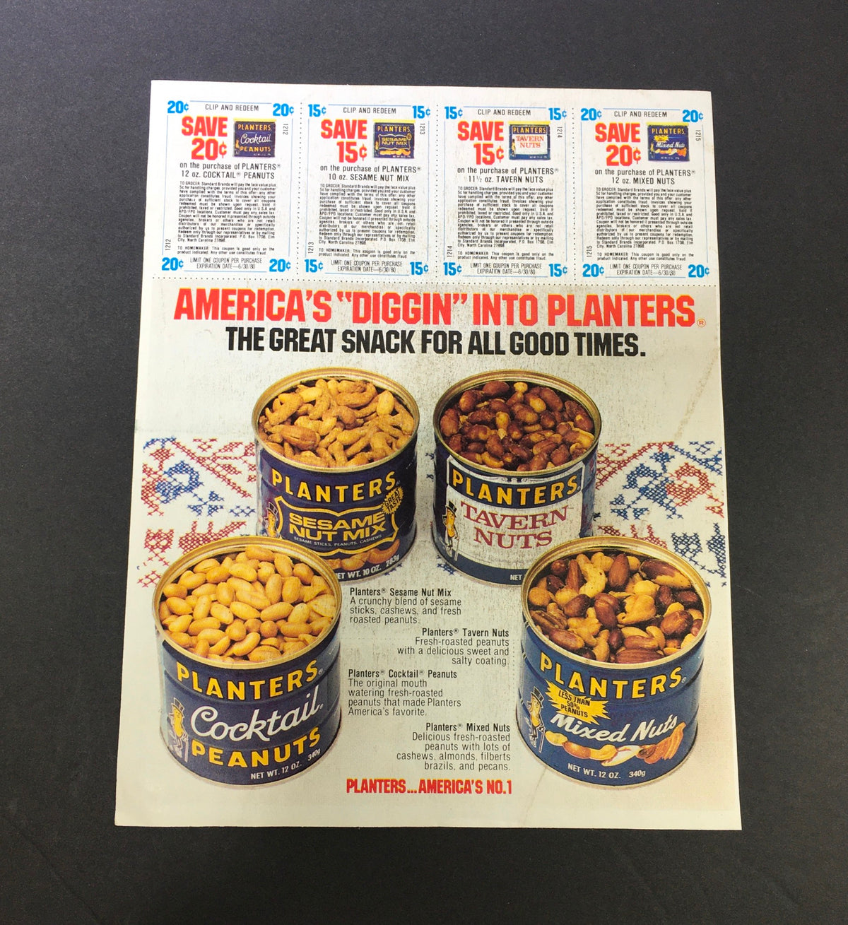 VTG 1980 Planters Sesame Nut Mix, Tavern Nuts, Cocktail & Mixed Nuts Ad Coupon featuring various Planters nut cans and promotions. The advertisement highlights the great snack options for all good times, displaying colorful packaging and coupon offers.