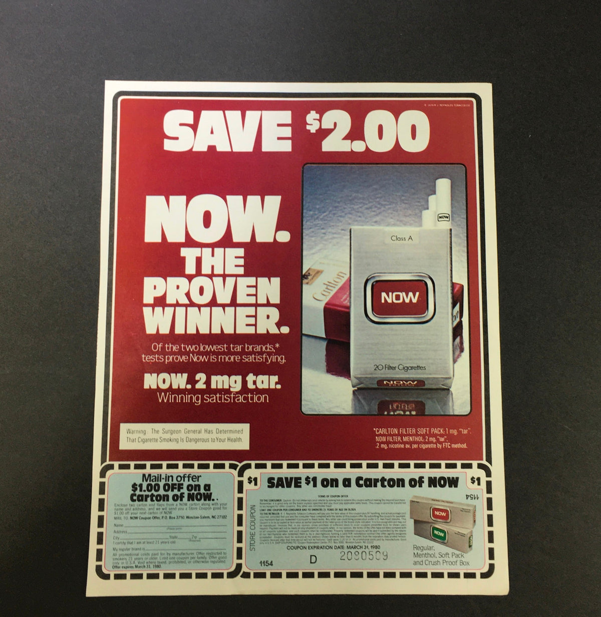 VTG 1980 Planters Sesame Nut Mix, Tavern Nuts, Cocktail & Mixed Nuts Ad Coupon showing a vintage advertisement with a male smoker and the text 'SAVE $2.00 NOW. THE PROVEN WINNER. NOW. 2 mg tar. Winning satisfaction.' highlighting a promotional offer.
