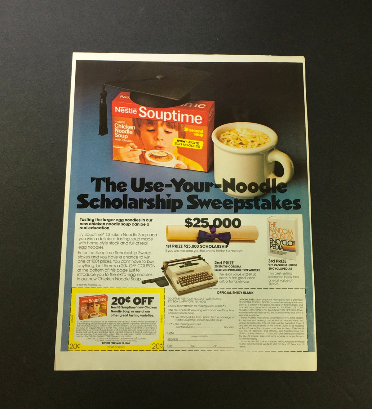 VTG 1980 Nestle Souptime Instant Chicken Noodle 10-Second Soup Print Ad featuring a scholarship sweepstakes and coupon offer.